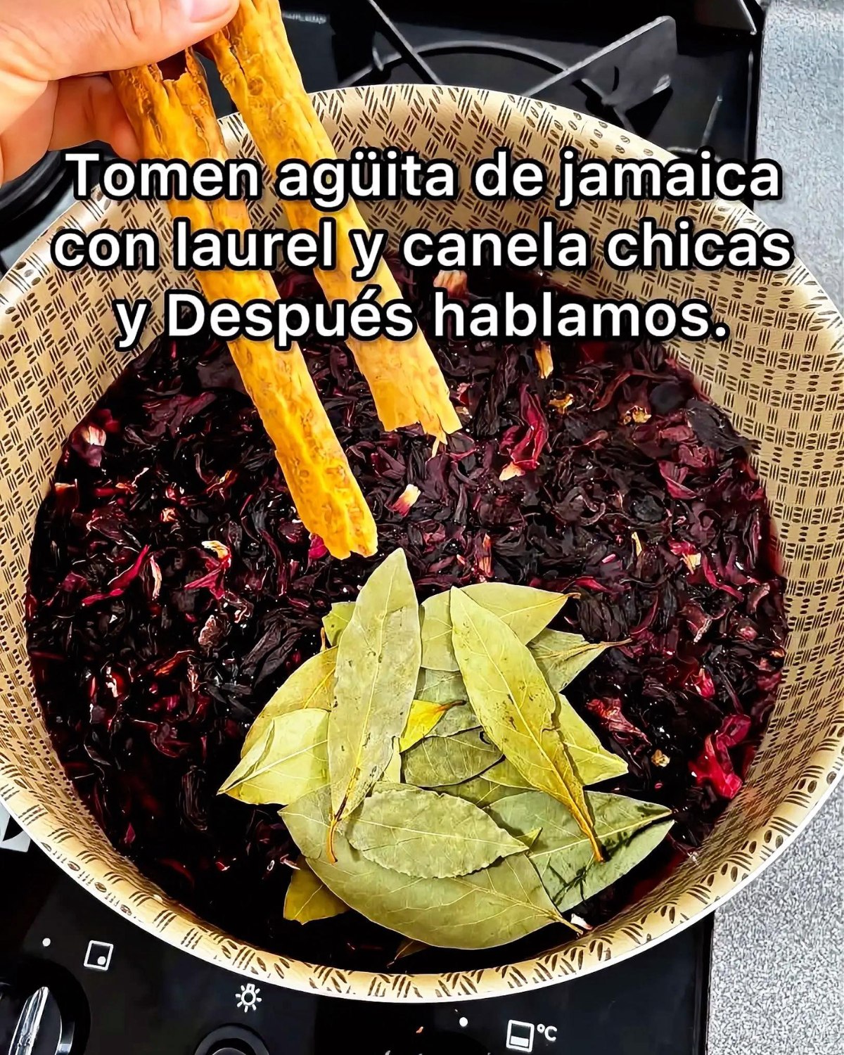 Olla con flores de Jamaica, hojas de laurel y ramas de canela en estufa